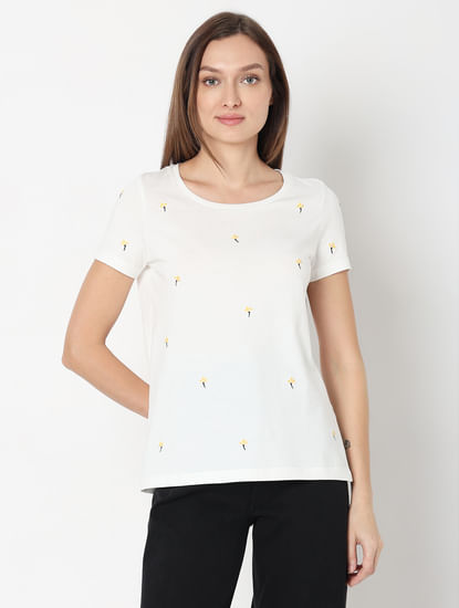 White Embroidered Print T-Shirt