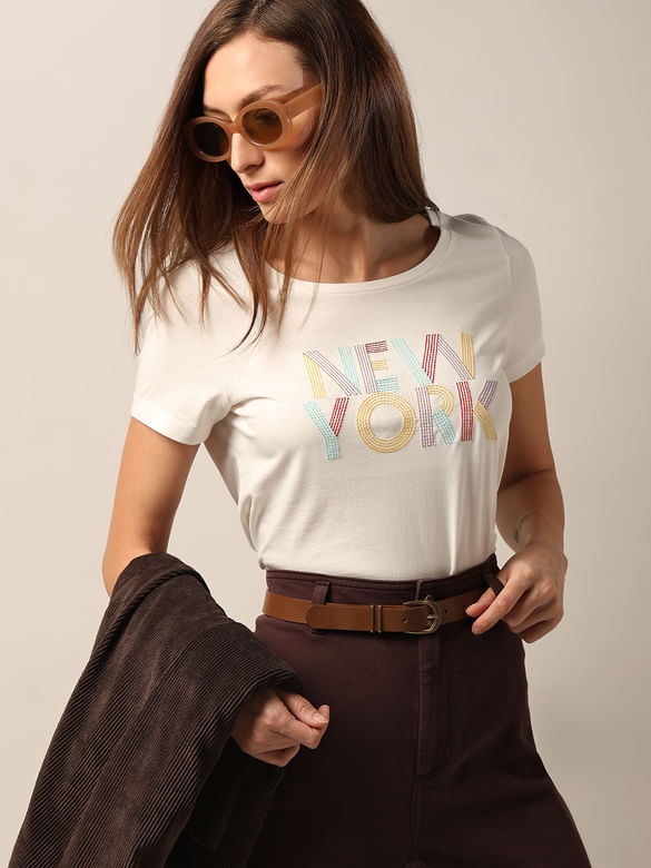 White Embroidered Text T-Shirt