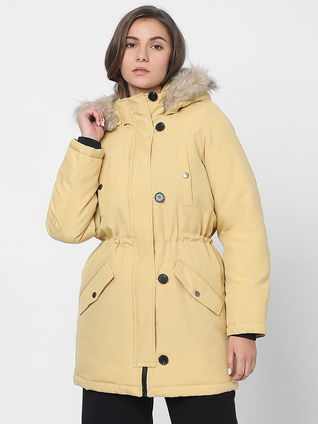 Light Yellow Faux Fur Parka Jacket