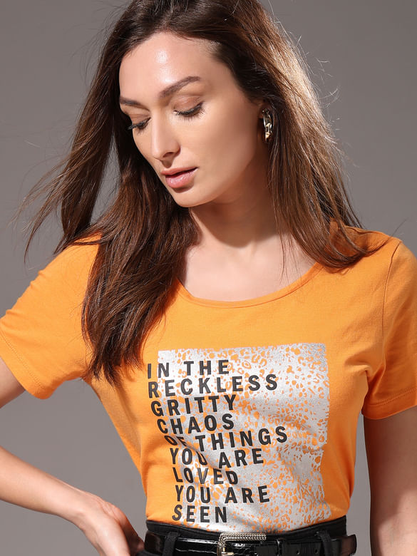 Orange Text Print T-shirt