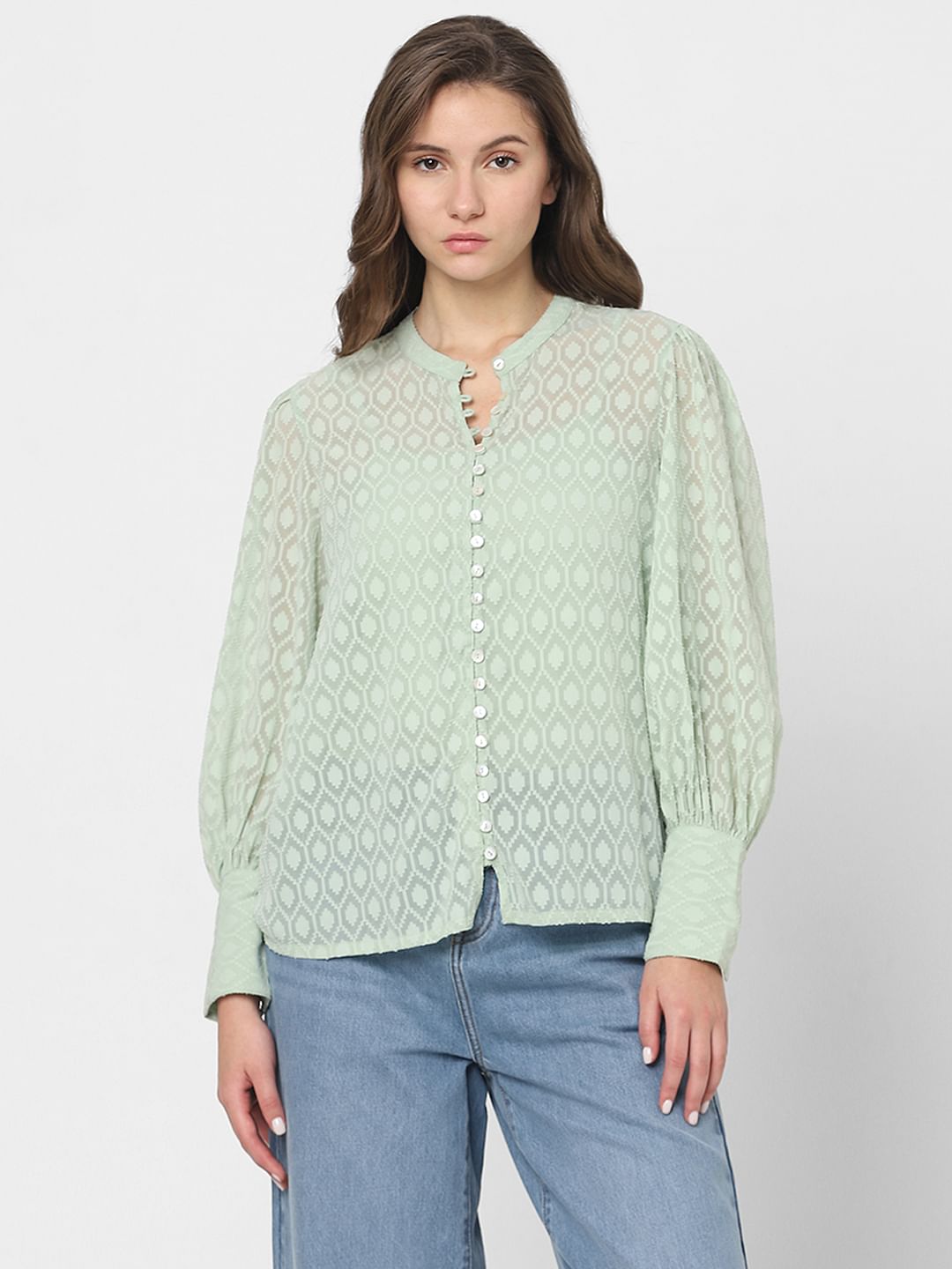 Light Green Sheer Printed Tops