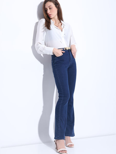 Buy HIGH-RISE BUTTON-DOWN FLARE JEANS for Women Online in India