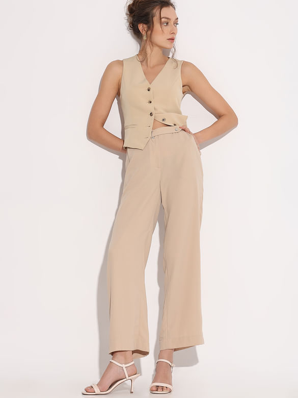 Tan High Rise Straight Fit Pants