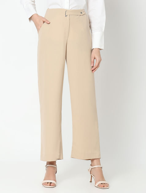 Tan High Rise Straight Fit Pants