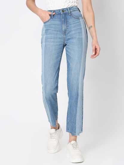 Light Blue High Rise Two-Toned Straight Jeans