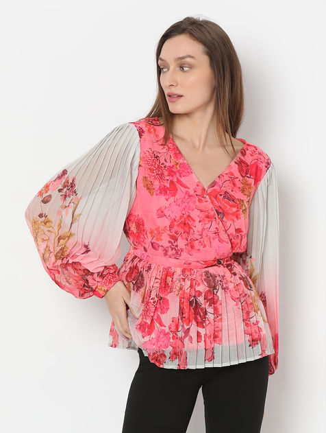 Pink Floral Ombre Pleated Top