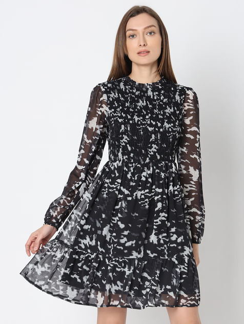 Black Printed Sheer Dress