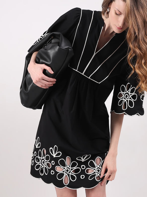 Black Floral Embroidered Shift Dress