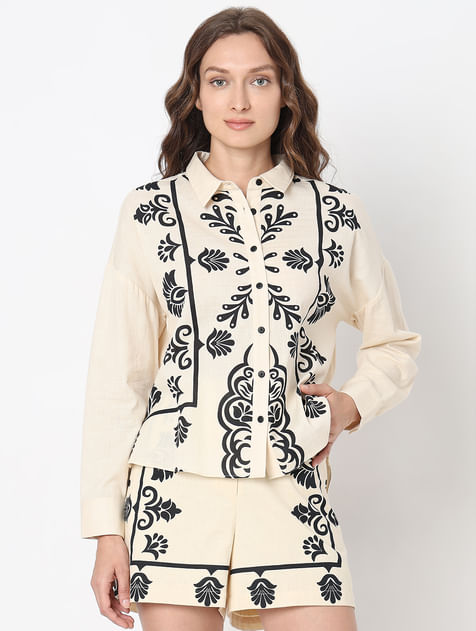 Beige Embroidered Co-ord Set Shirt