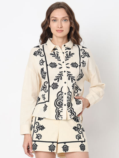 Beige Embroidered Co-ord Set Shirt