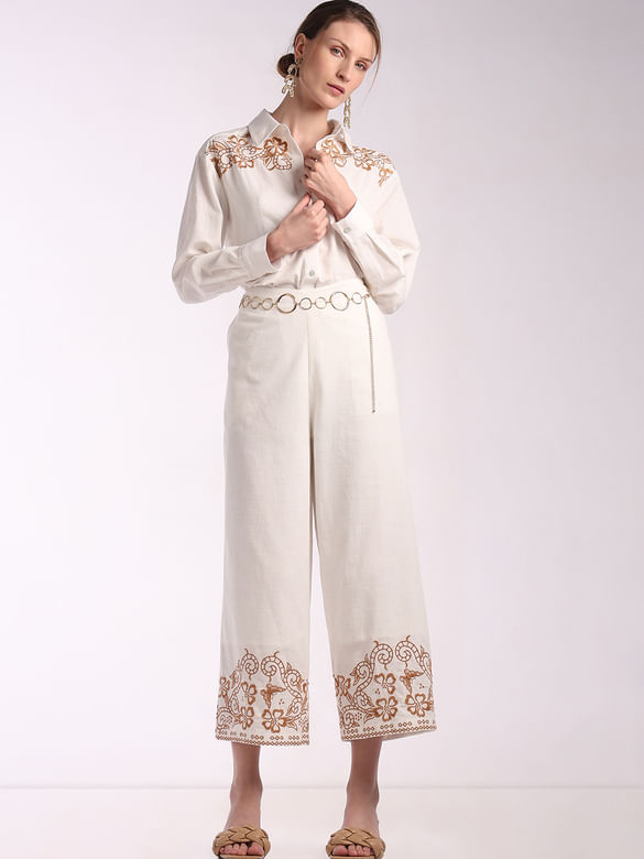 White Embroidered Co-ord Set Pants