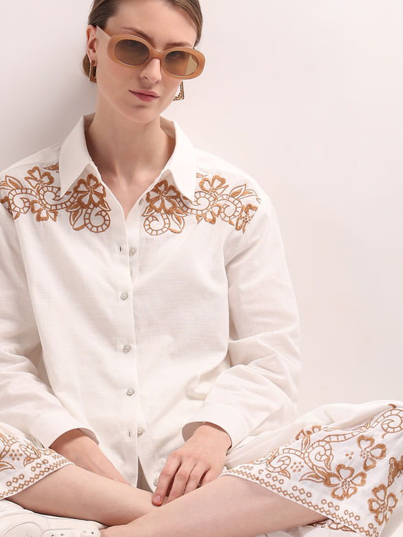 White Embroidered Co-ord Set Shirt