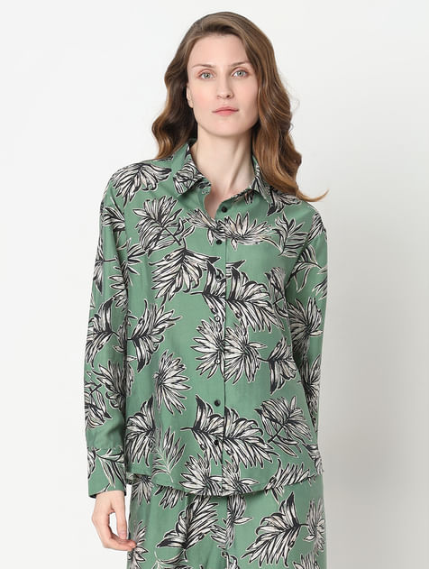 Green Leaf Print Co-ord Set Shirt