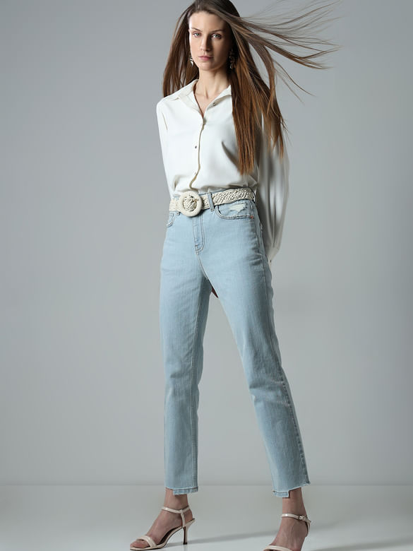 Light Blue High Rise Distressed Jade Straight Jeans