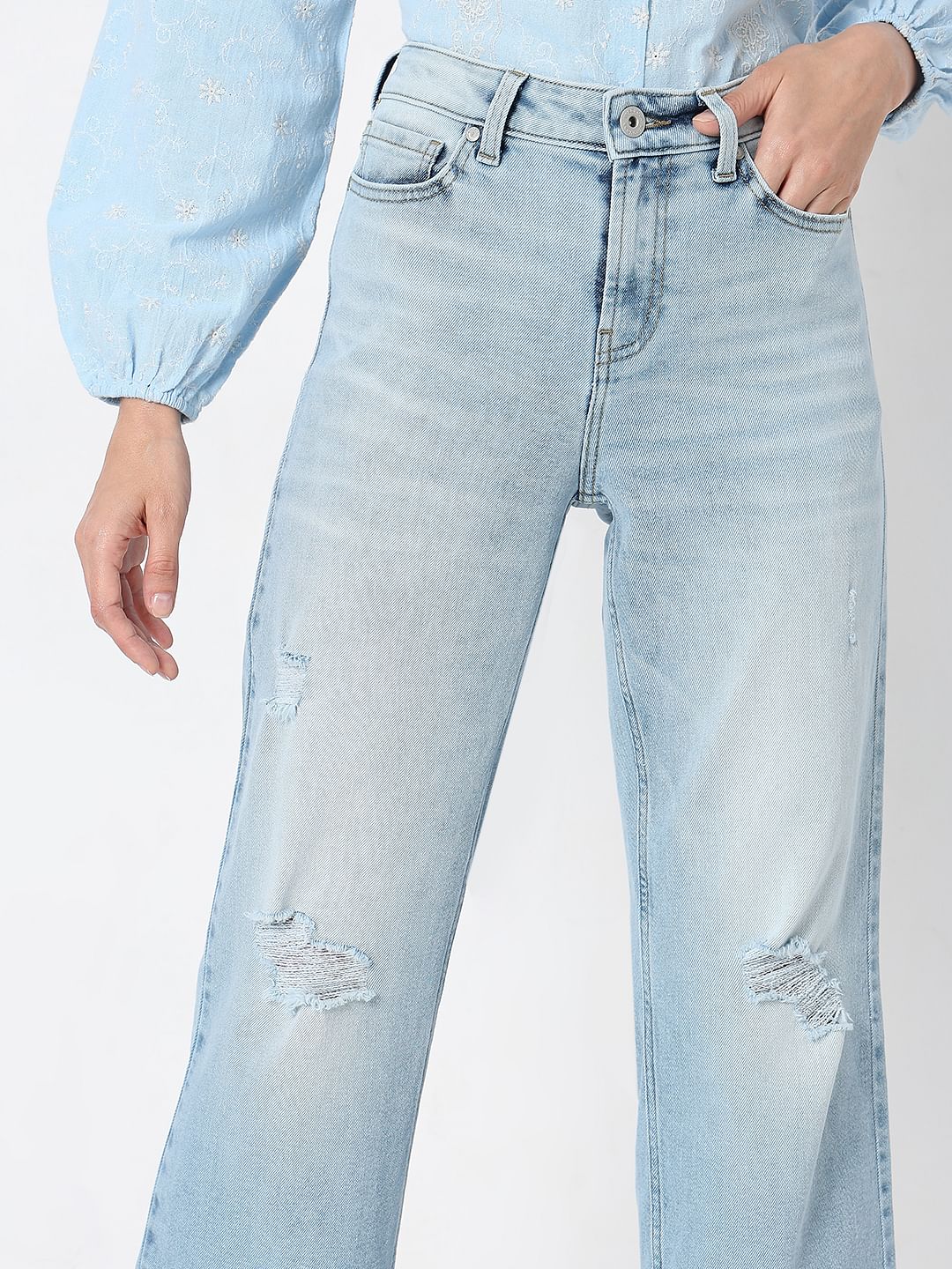 Light Blue High Rise Distressed Zoey Wide Leg Jeans