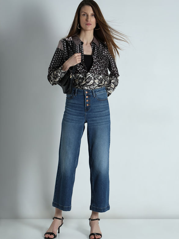 Blue High Rise Buttoned Zoey Wide-Leg Jeans