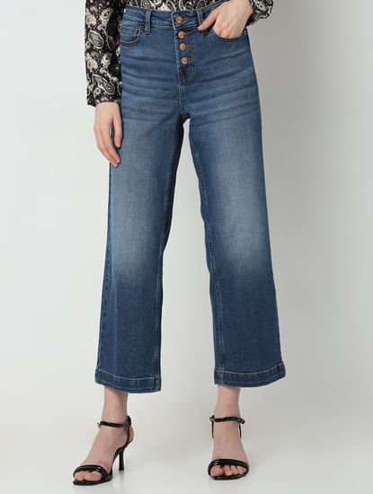 Blue High Rise Buttoned Wide Leg Jeans
