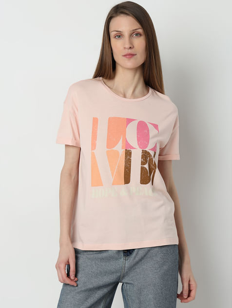 Pink Printed Cotton T-shirt