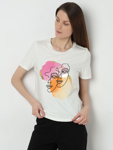 For Buy | Print Floral VeroModa Online Women in White India T-Shirt