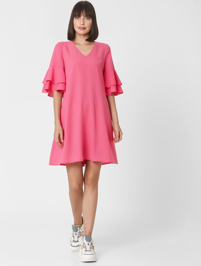 Pink Flared Sleeves Shift Dress