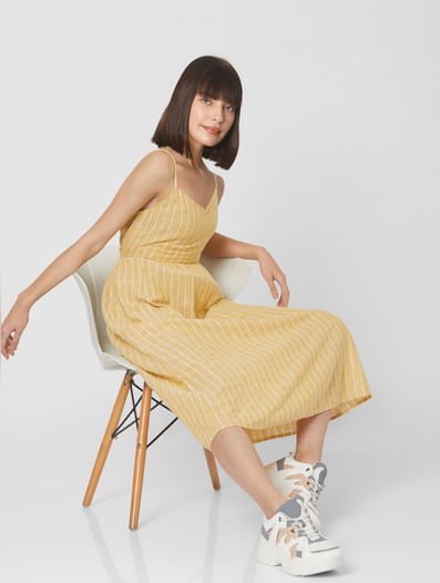 Yellow Striped Strappy Midi Dress
