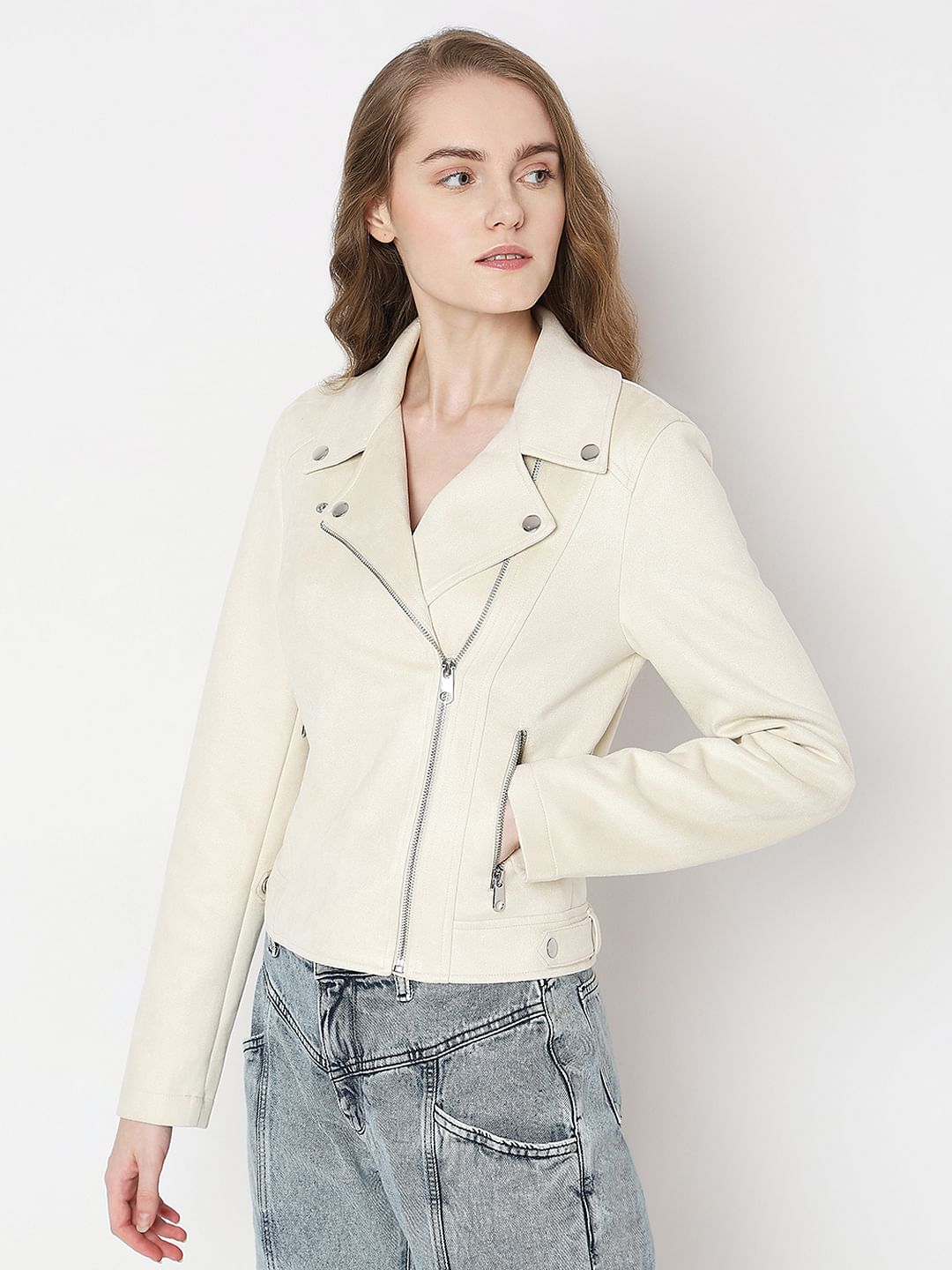 Beige biker jacket online