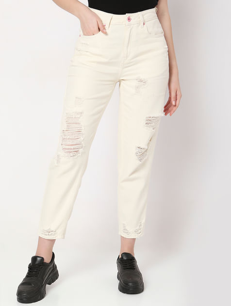 Off-White High Rise Distressed Straight Jeans