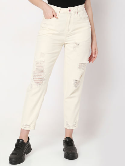 Off-White High Rise Distressed Straight Jeans