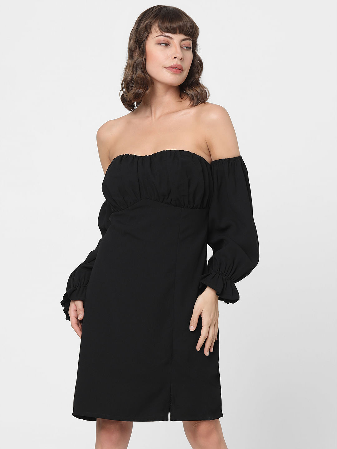 Tailored Off Shoulder Bow Drape Detail Mini Dress | Karen Millen