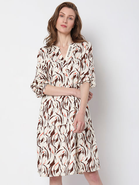 White Abstract Print Tiered Dress