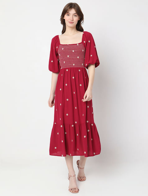 Red Floral Embroidered Midi Dress