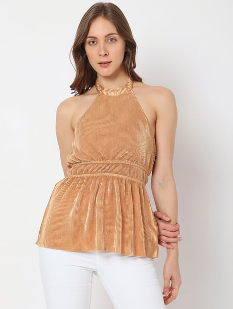 Brown Satin Pleated Top
