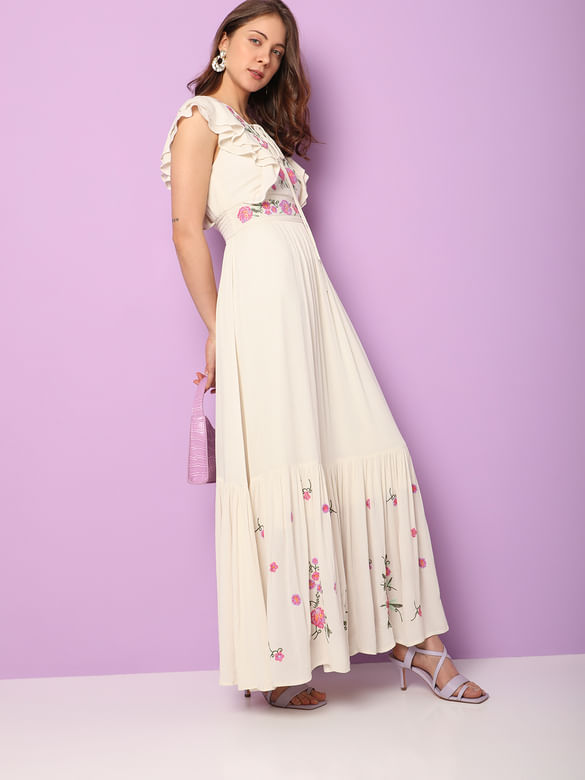 Beige Floral Embroidered Maxi Dress