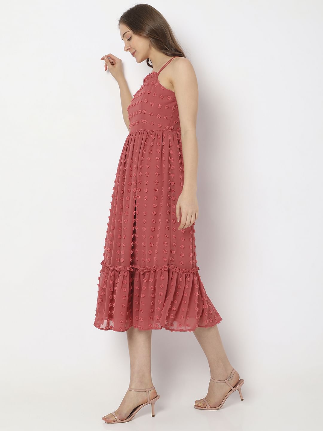 Red Self Design Midi Dress