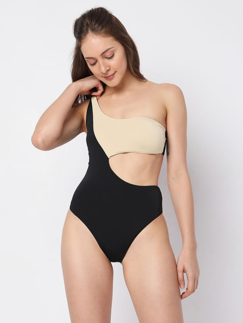 Brown Colourblocked Swimsuit