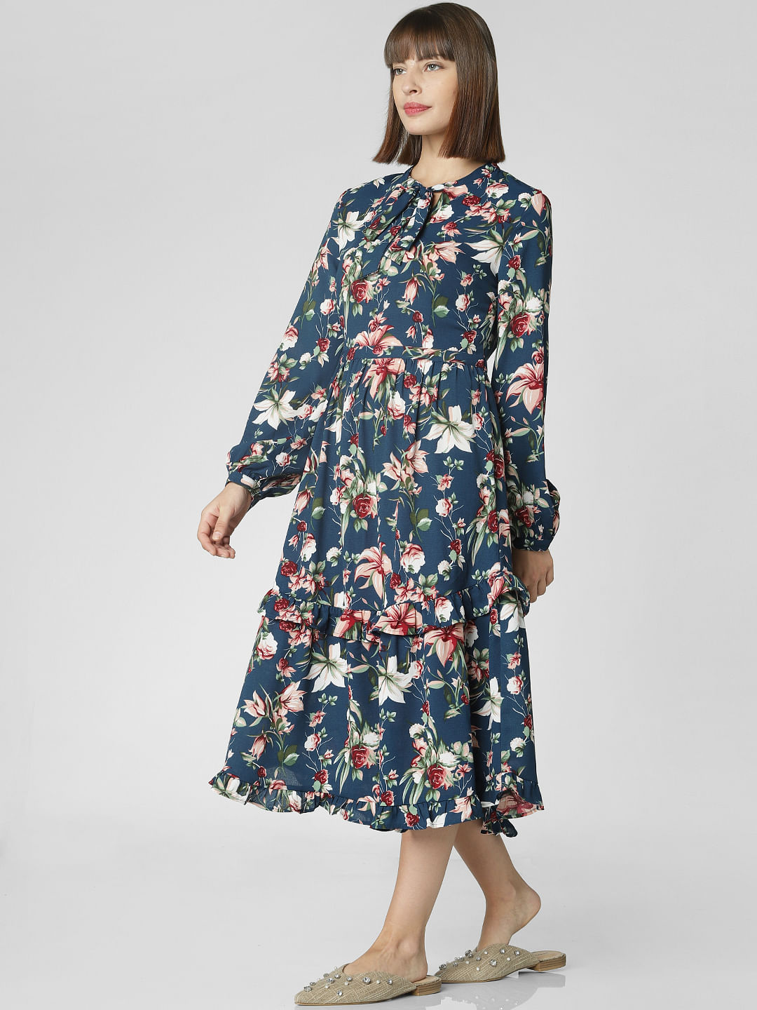 blue floral print midi dress