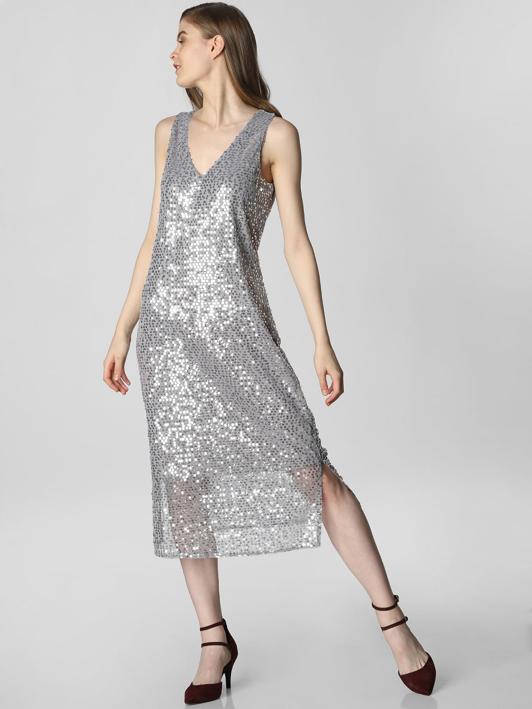 midi silver sequin dress