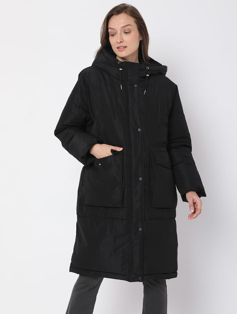 Black Hooded Long Puffer Jacket