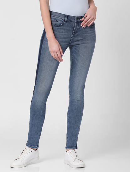 Blue Mid Rise Side Wash Skinny Fit Jeans 