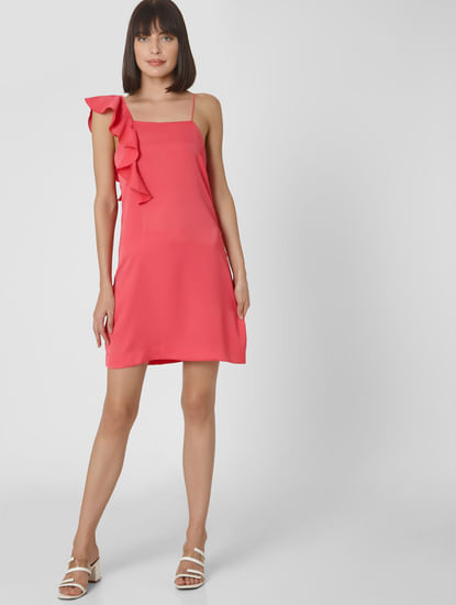Pink Ruffle Shoulder Shift Dress