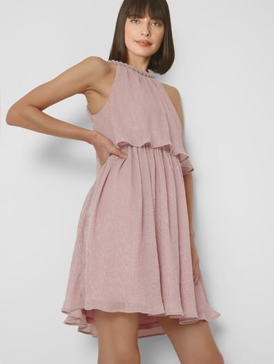 Pink Pleated Shimmer Fit & Flare Dress
