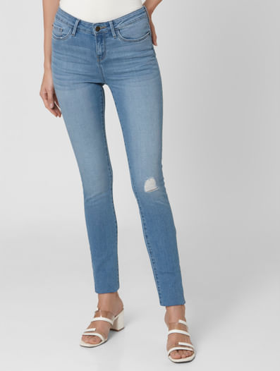 Blue Mid Rise Ripped Skinny Jeans 