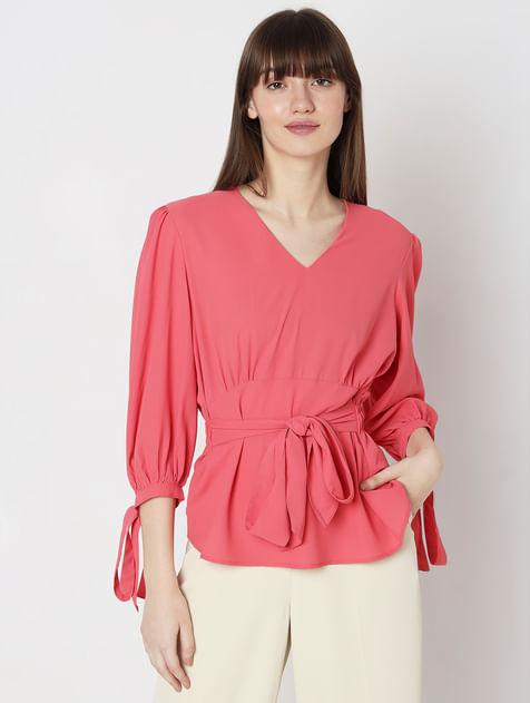 Coral Puff Sleeves Top