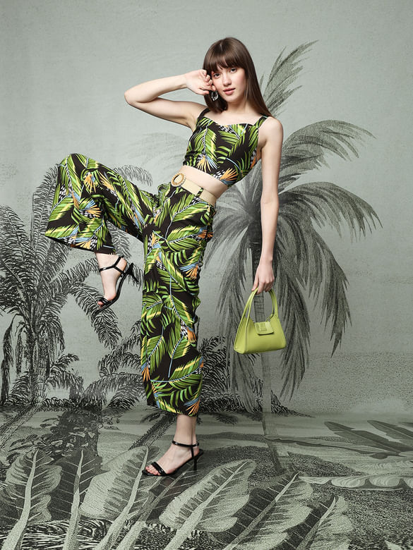 Green High Rise Tropical Print Pants