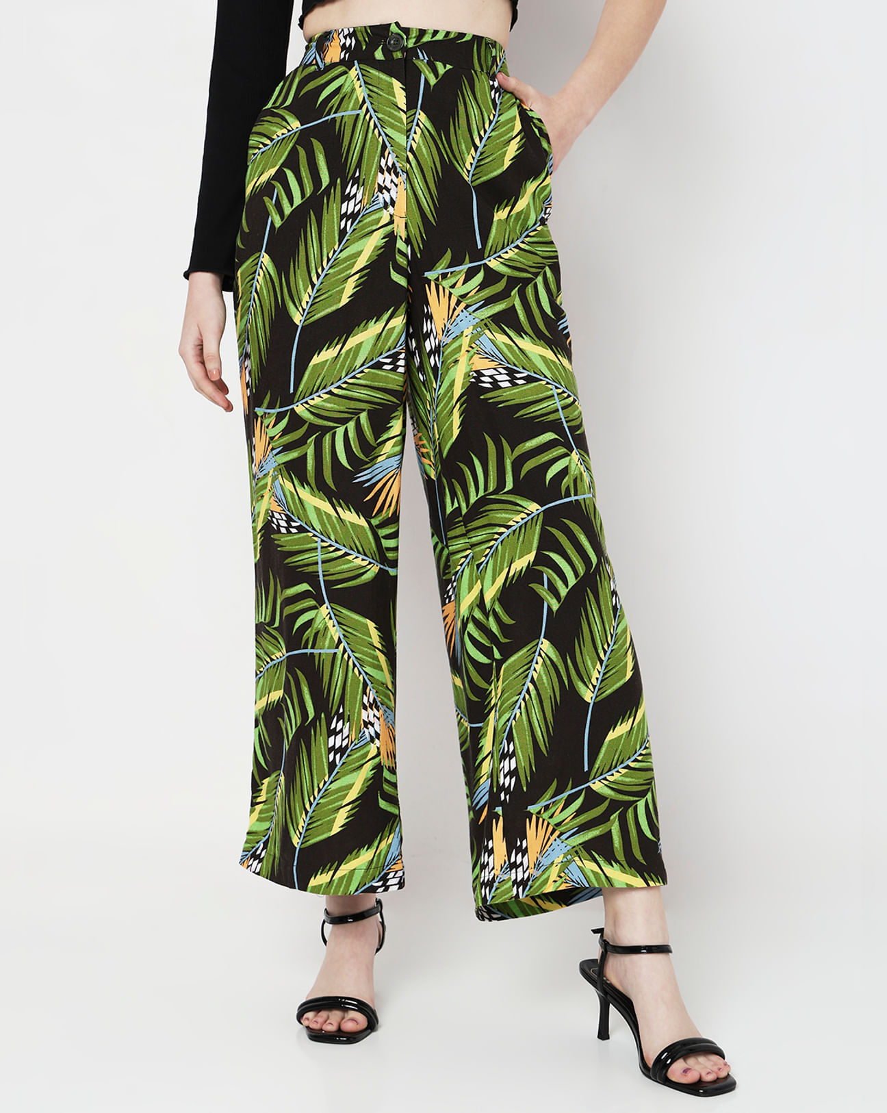 Green High Rise Tropical Print Pants