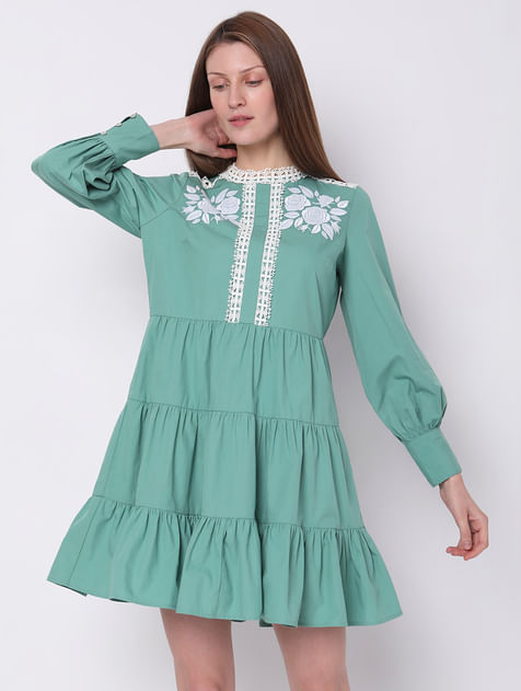 Green Embroidered Tiered Dress