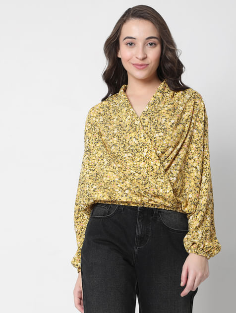 Yellow Floral Wrap Top