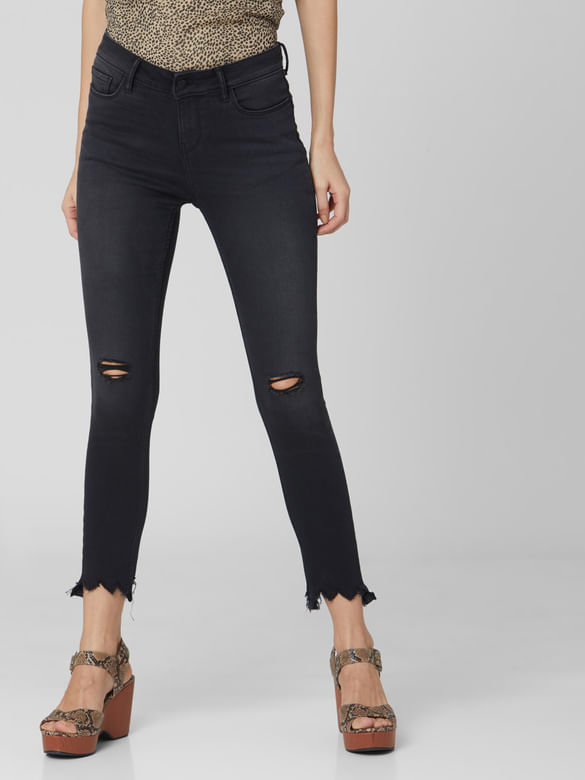 Black Mid Rise Ripped Skinny Jeans
