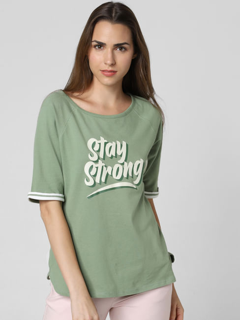 Green Stay Strong Print T-Shirt