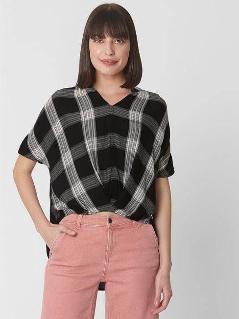 Black Check Front Knot Top